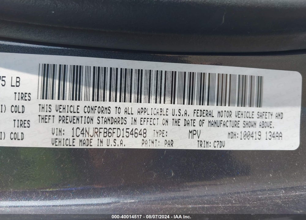 2015 JEEP PATRIOT LATITUDE VIN: 1C4NJRFB6FD154648