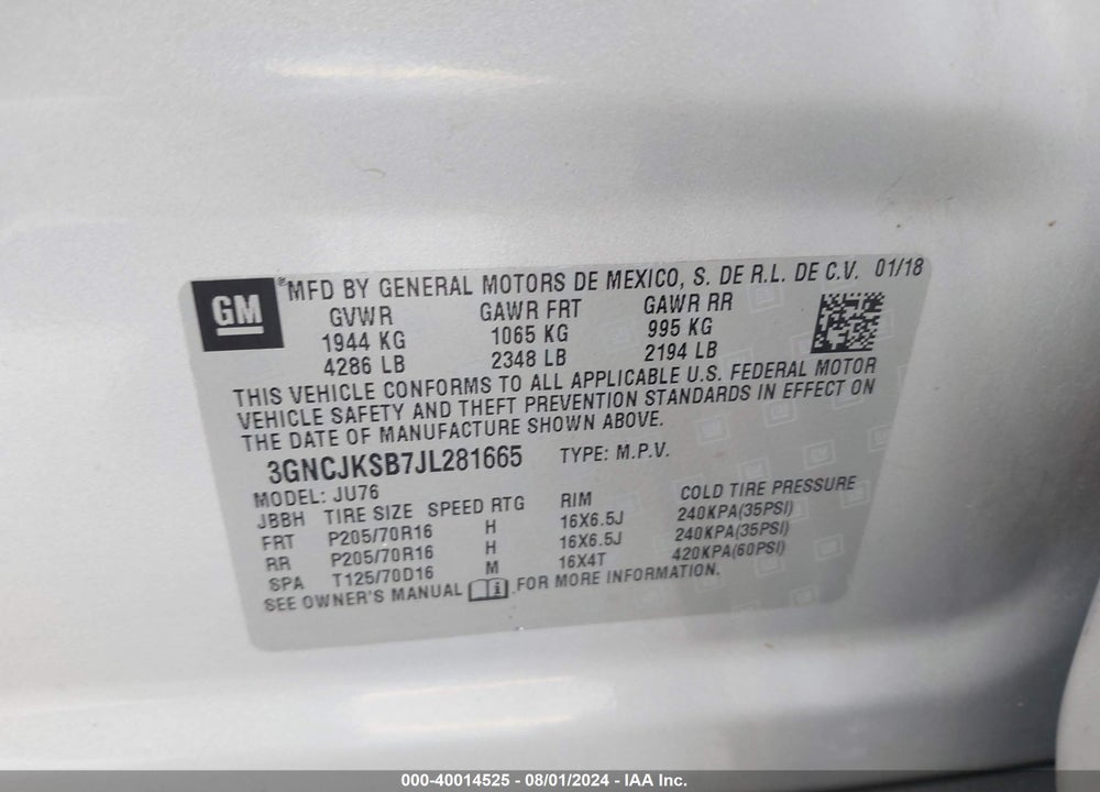 2018 CHEVROLET TRAX LS VIN: 3GNCJKSB7JL281665