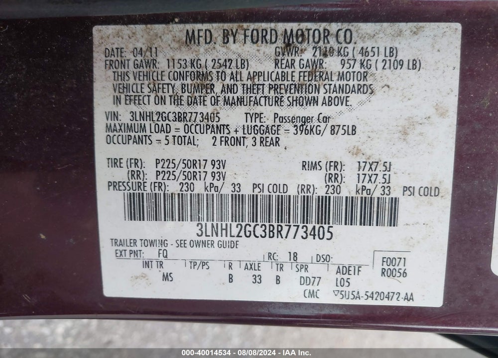 2011 LINCOLN MKZ VIN: 3LNHL2GC3BR773405