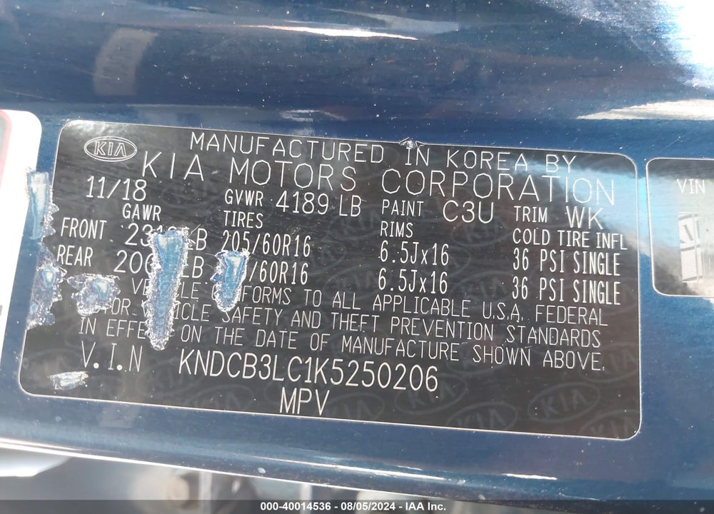 2019 KIA NIRO LX VIN: KNDCB3LC1K5250206