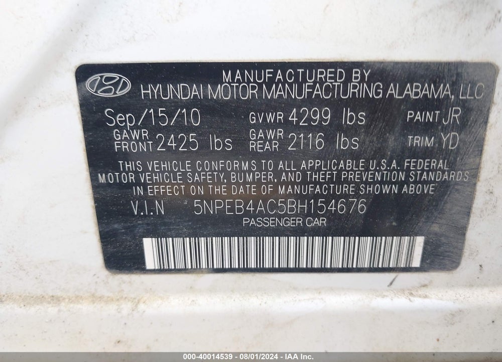 2011 HYUNDAI SONATA GLS VIN: 5NPEB4AC5BH154676