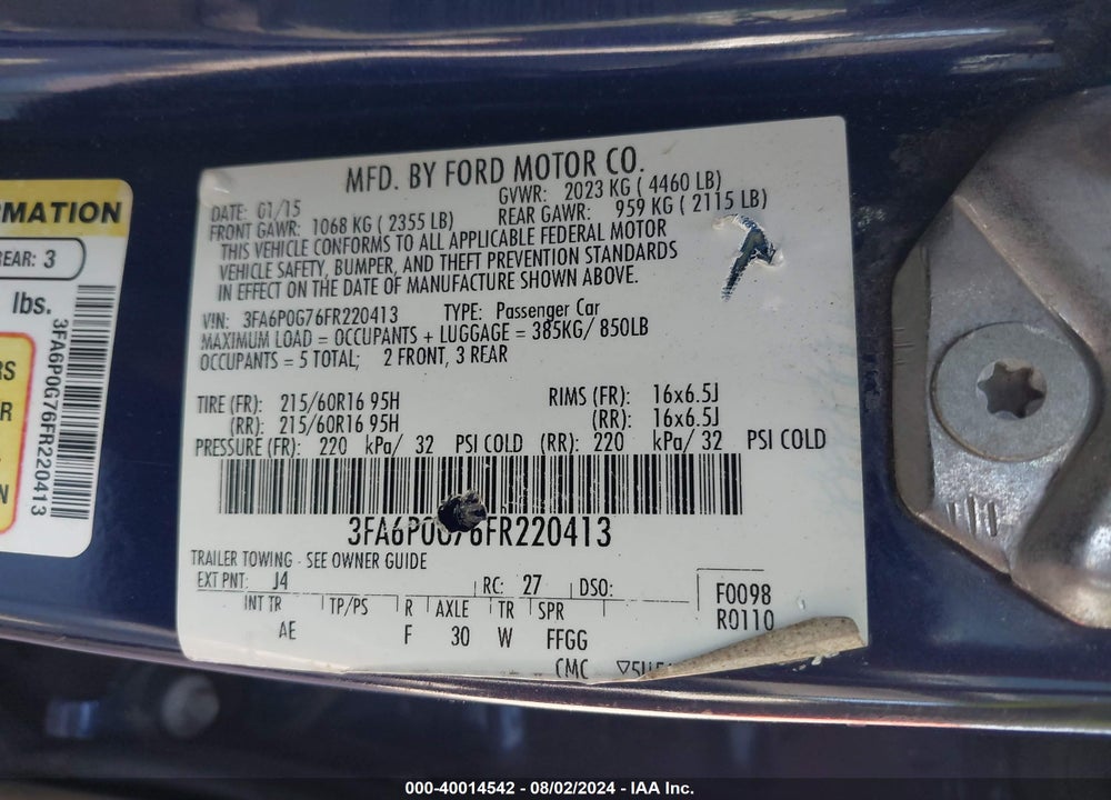 2015 FORD FUSION S VIN: 3FA6P0G76FR220413