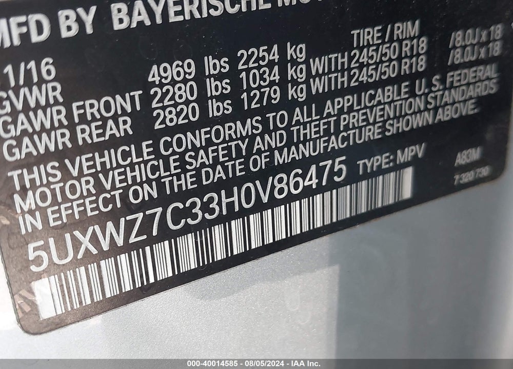 2017 BMW X3 SDRIVE28I VIN: 5UXWZ7C33H0V86475