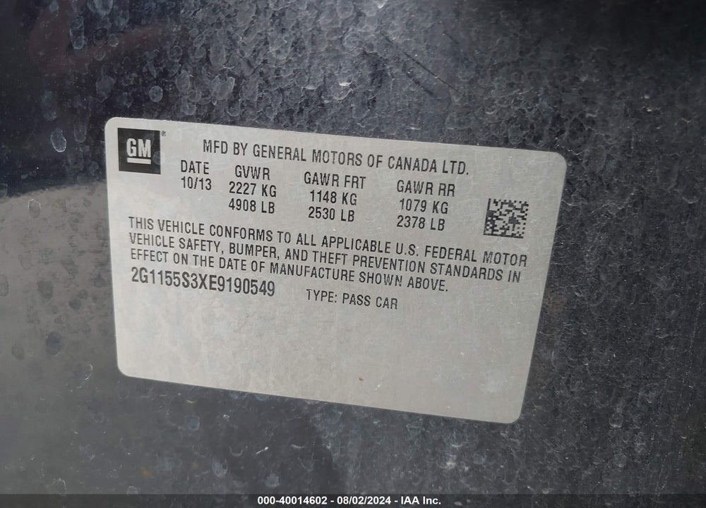 2014 CHEVROLET IMPALA 2LZ VIN: 2G1155S3XE9190549
