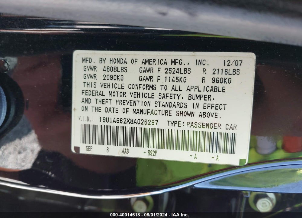 2008 ACURA TL 3.2 VIN: 19UUA662X8A026297