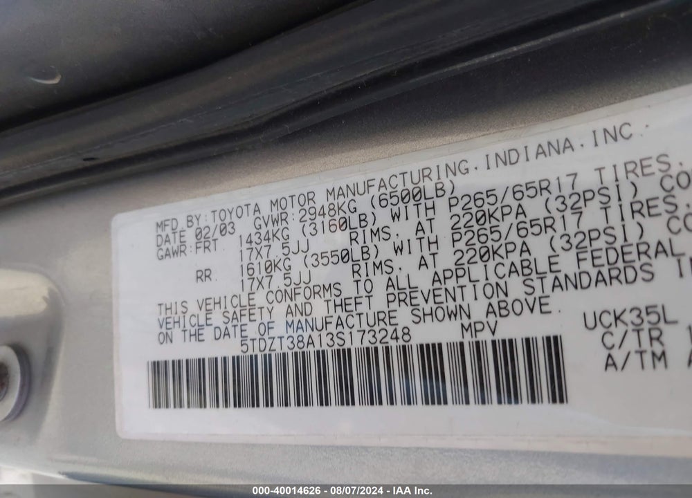 2003 TOYOTA SEQUOIA LIMITED V8 VIN: 5TDZT38A13S173248