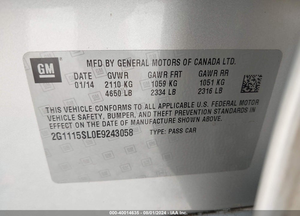 2014 CHEVROLET IMPALA 1LT VIN: 2G1115SL0E9243058