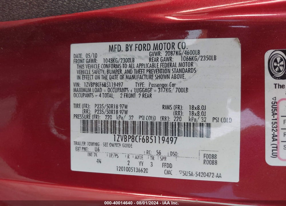 2011 FORD MUSTANG GT PREMIUM VIN: 1ZVBP8CF6B5119497