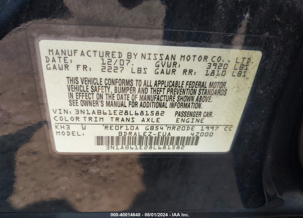 2008 NISSAN SENTRA 2.0S VIN: 3N1AB61E28L681582
