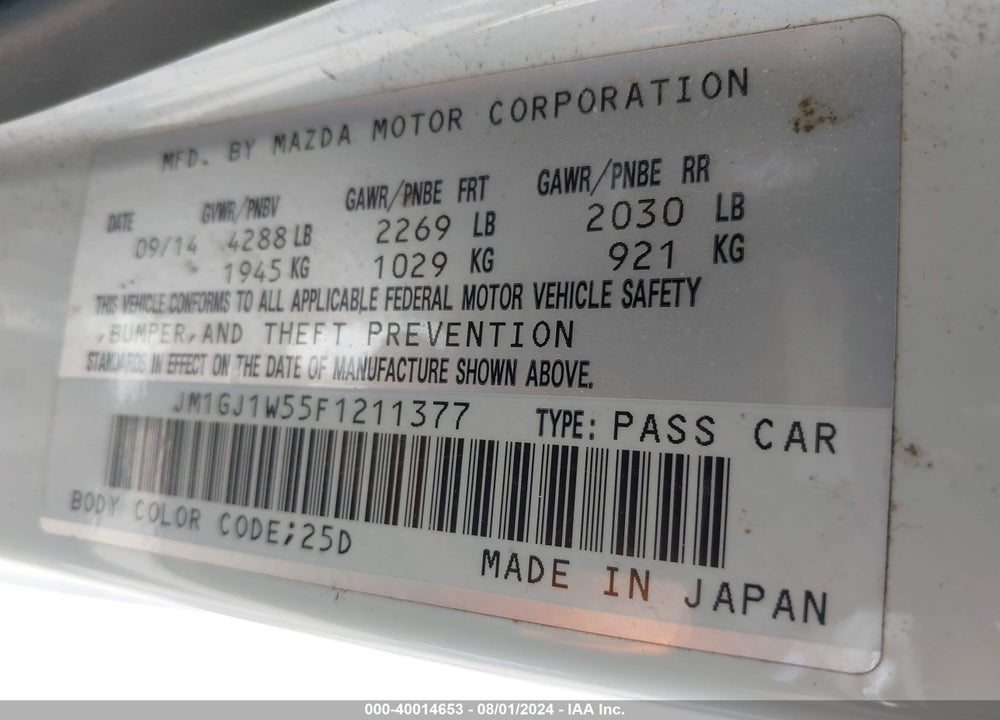 2015 MAZDA 6 I GRAND TOURING VIN: JM1GJ1W55F1211377