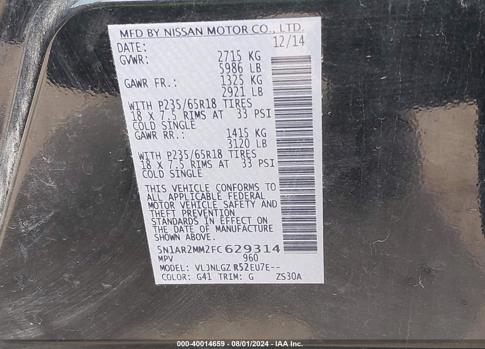 2015 NISSAN PATHFINDER SL VIN: 5N1AR2MM2FC629314