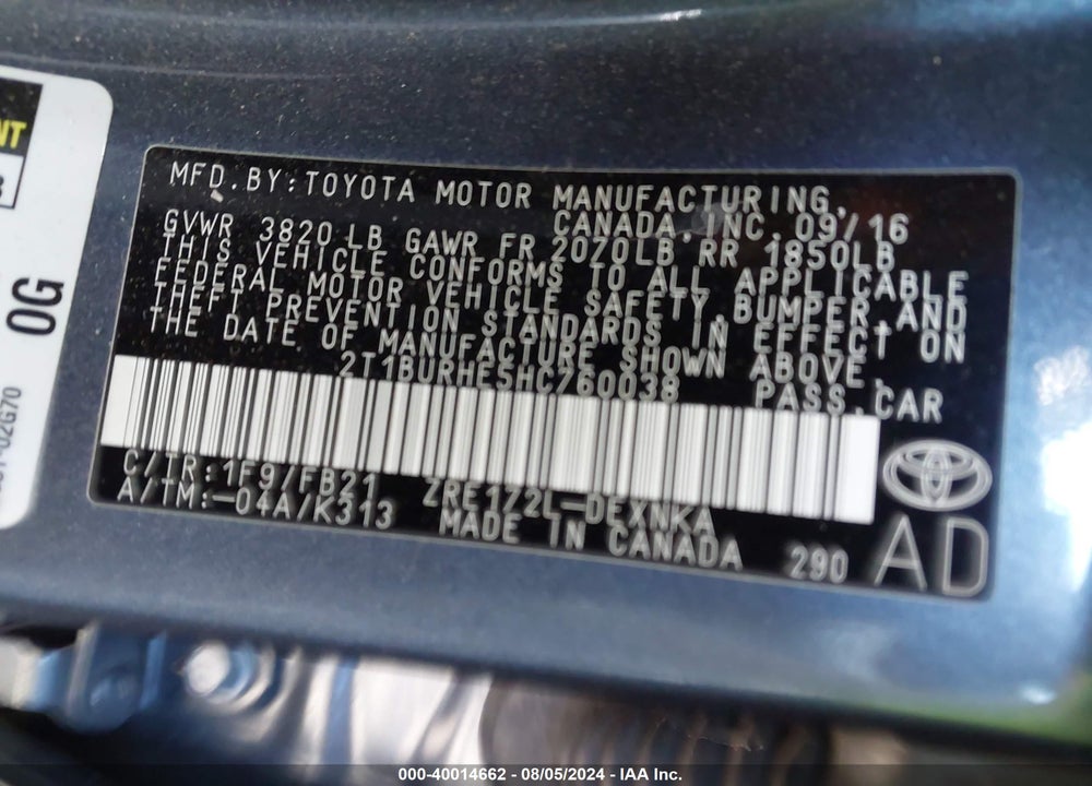 2017 TOYOTA COROLLA LE VIN: 2T1BURHE5HC760038