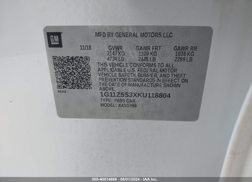 2019 CHEVROLET IMPALA LT VIN: 1G11Z5S3XKU118804