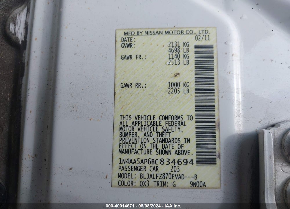 2011 NISSAN MAXIMA 3.5 SV VIN: 1N4AA5AP6BC834694