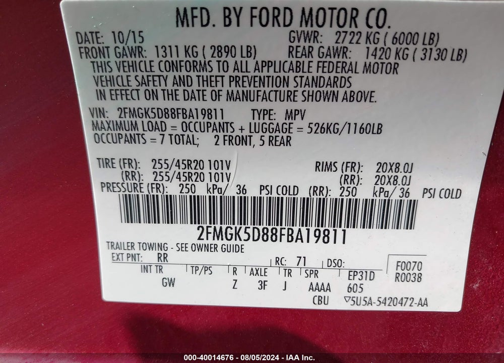 2015 FORD FLEX LIMITED VIN: 2FMGK5D88FBA19811