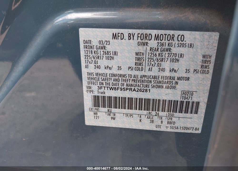2023 FORD MAVERICK XL VIN: 3FTTW8F95PRA26281