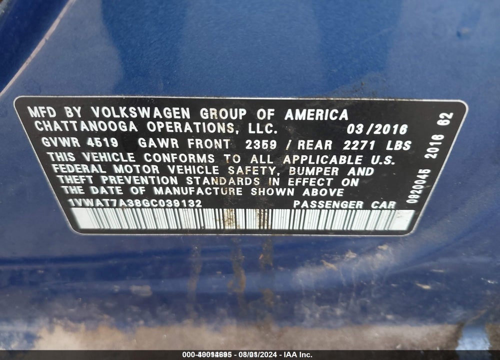 2016 VOLKSWAGEN PASSAT 1.8T S VIN: 1VWAT7A38GC039132