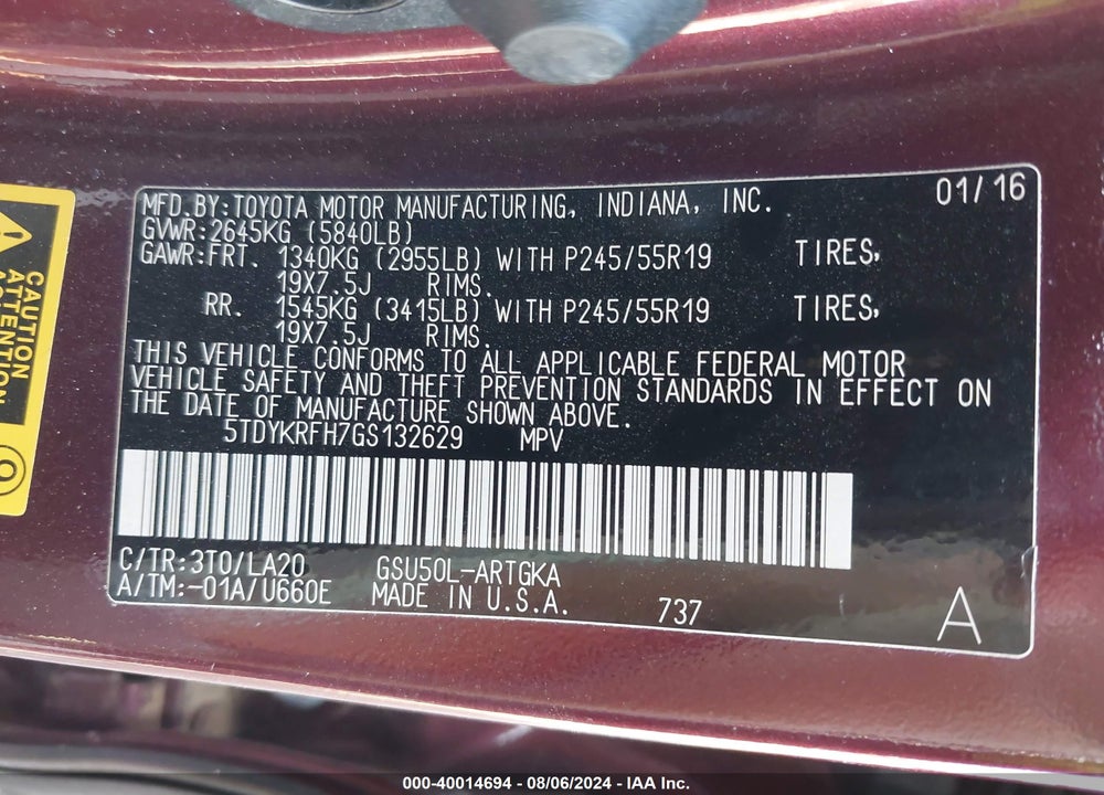 2016 TOYOTA HIGHLANDER LIMITED PLATINUM V6 VIN: 5TDYKRFH7GS132629
