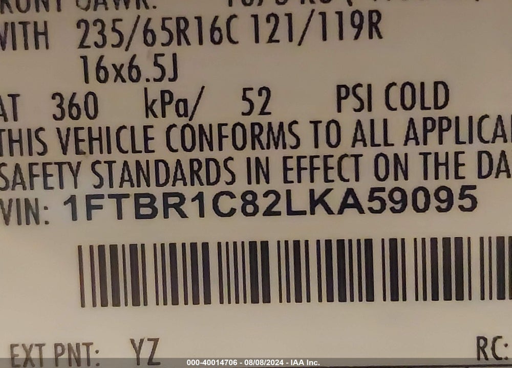 2020 FORD TRANSIT VIN: 1FTBR1C82LKA59095