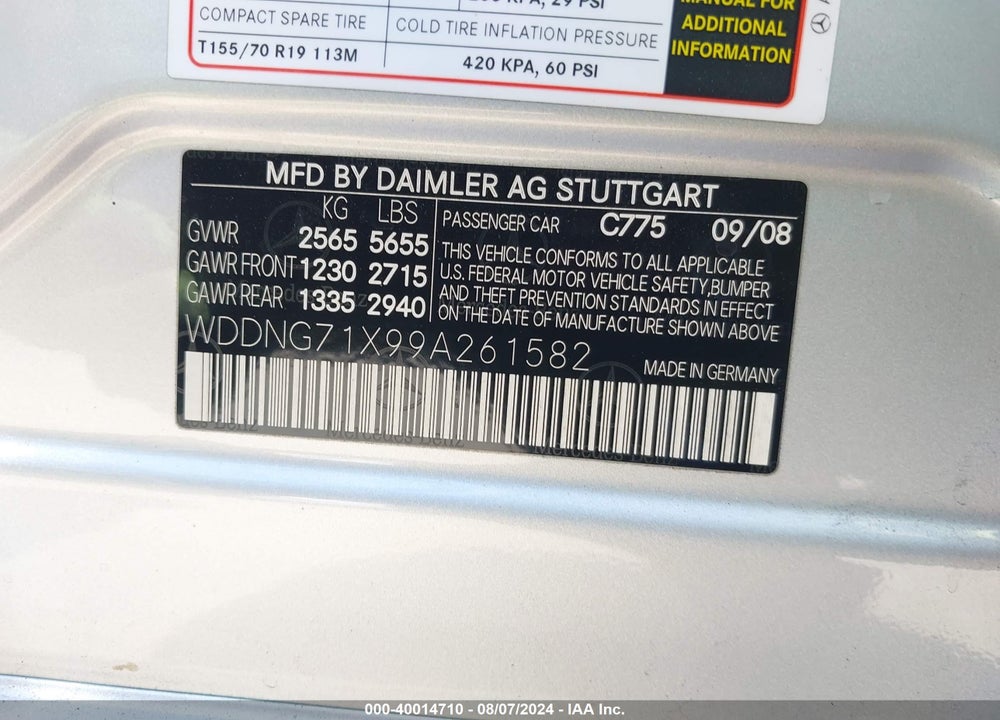 2009 MERCEDES-BENZ S 550 VIN: WDDNG71X99A261582