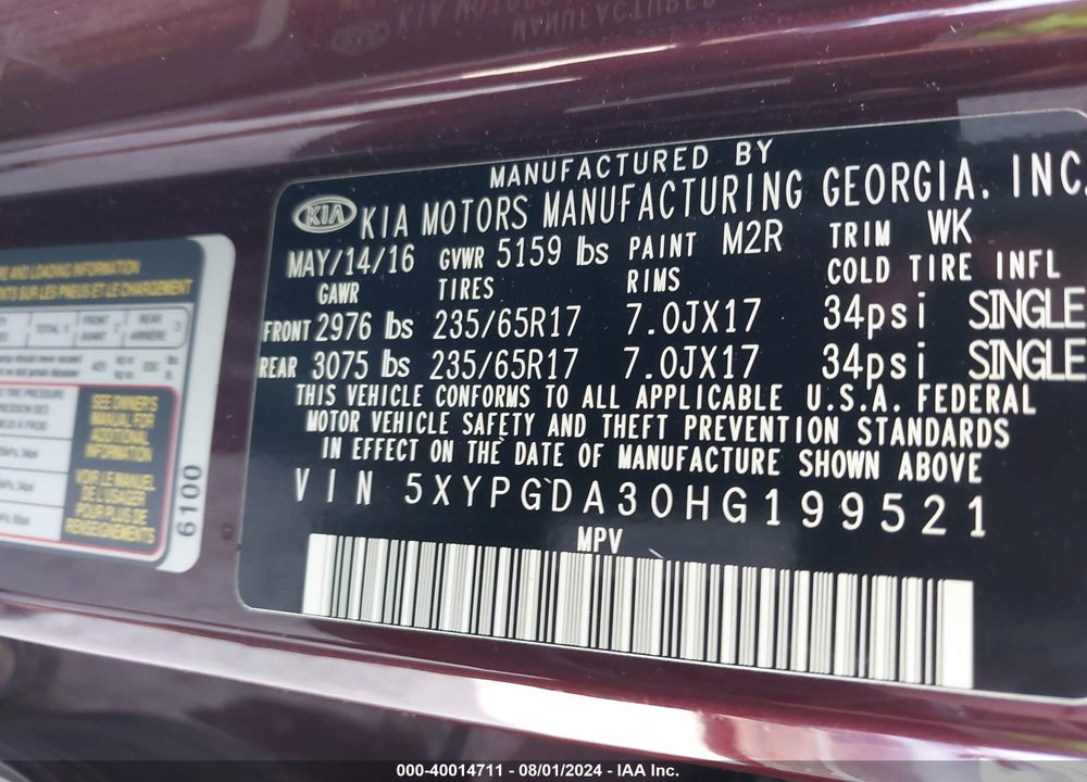 2017 KIA SORENTO 2.4L LX VIN: 5XYPGDA30HG199521