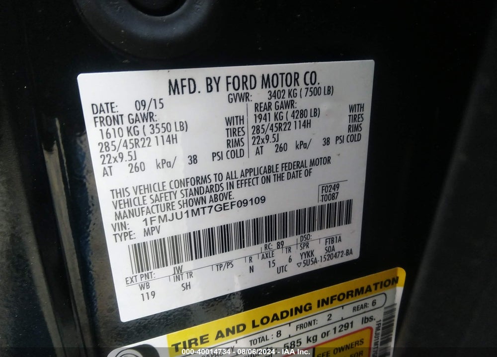 2016 FORD EXPEDITION PLATINUM VIN: 1FMJU1MT7GEF09109