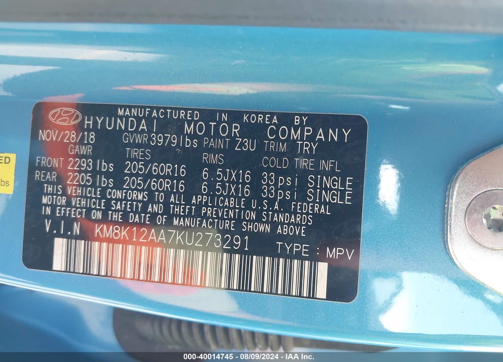 2019 HYUNDAI KONA SE VIN: KM8K12AA7KU273291
