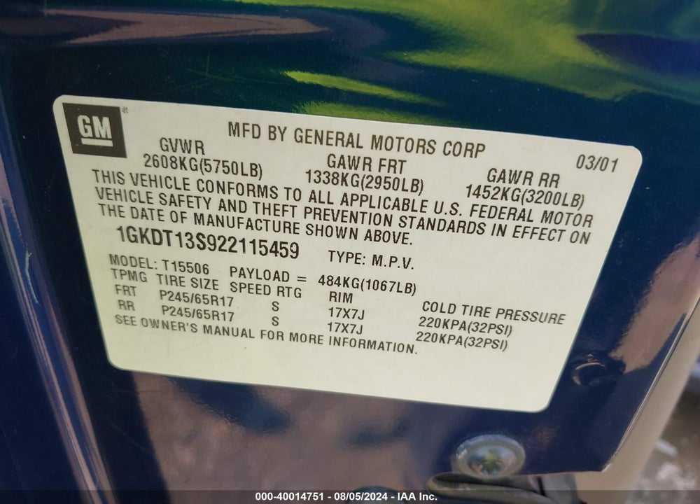 2002 GMC ENVOY SLE VIN: 1GKDT13S922115459
