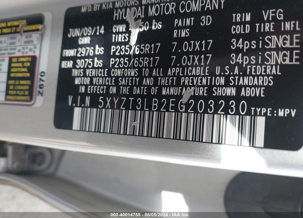 2014 HYUNDAI SANTA FE SPORT 2.4L VIN: 5XYZT3LB2EG203230