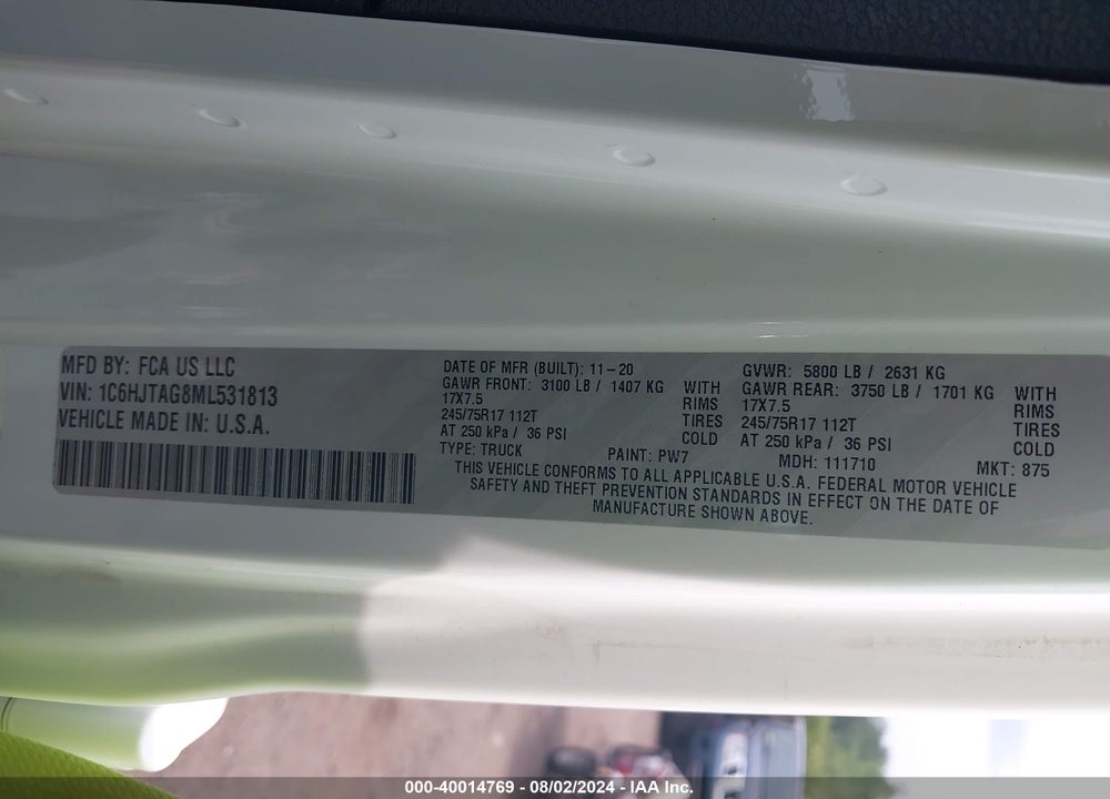 2021 JEEP GLADIATOR SPORT S 4X4 VIN: 1C6HJTAG8ML531813