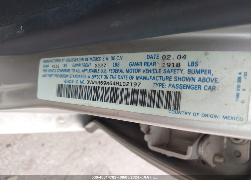 2004 VOLKSWAGEN JETTA GLS TDI VIN: 3VWSR69M64M102197