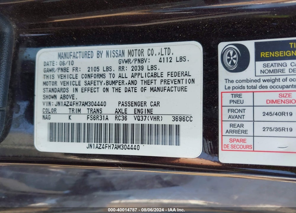 2010 NISSAN 370Z TOURING VIN: JN1AZ4FH7AM304440