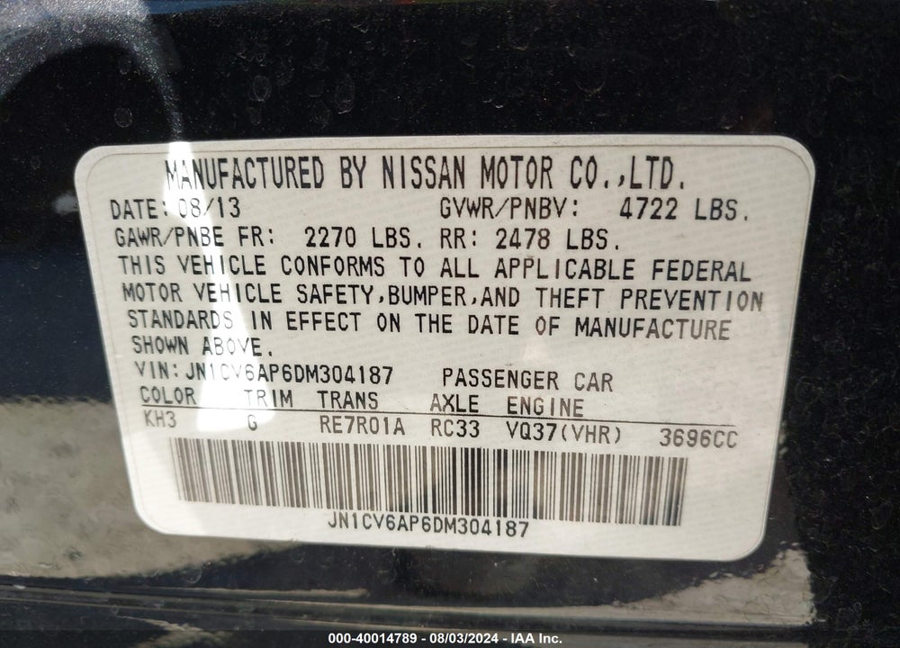 2013 INFINITI G37 JOURNEY VIN: JN1CV6AP6DM304187