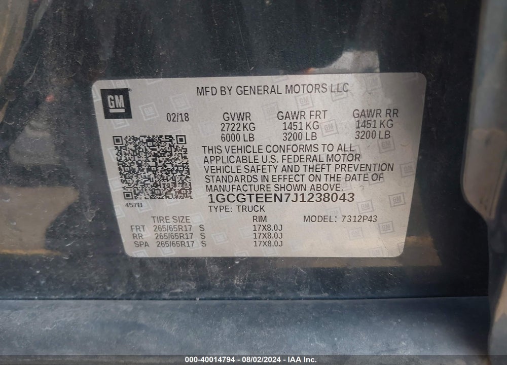 2018 CHEVROLET COLORADO ZR2 VIN: 1GCGTEEN7J1238043