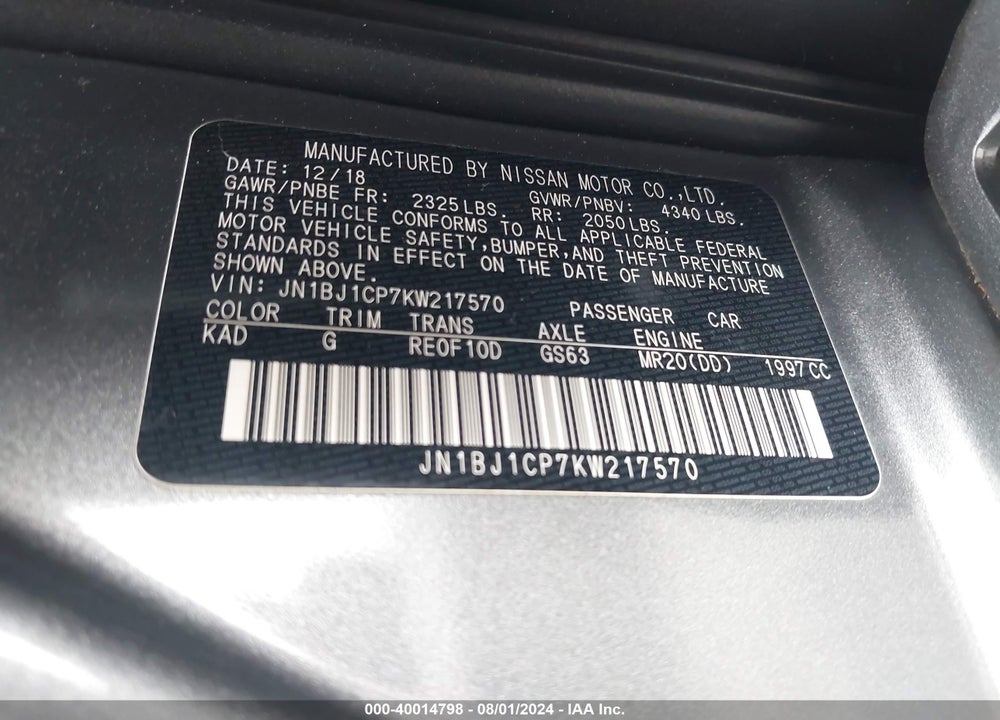 2019 NISSAN ROGUE SPORT S/SL/SV VIN: JN1BJ1CP7KW217570