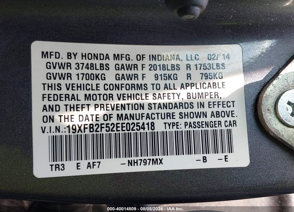 2014 HONDA CIVIC LX VIN: 19XFB2F52EE025418