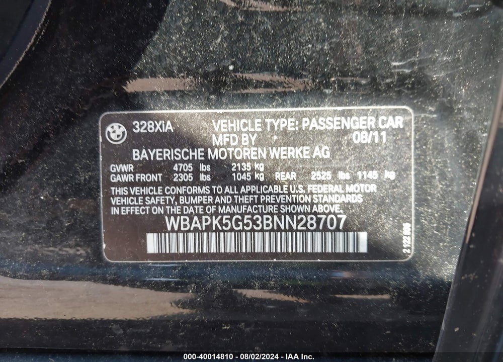2011 BMW 328I XDRIVE VIN: WBAPK5G53BNN28707