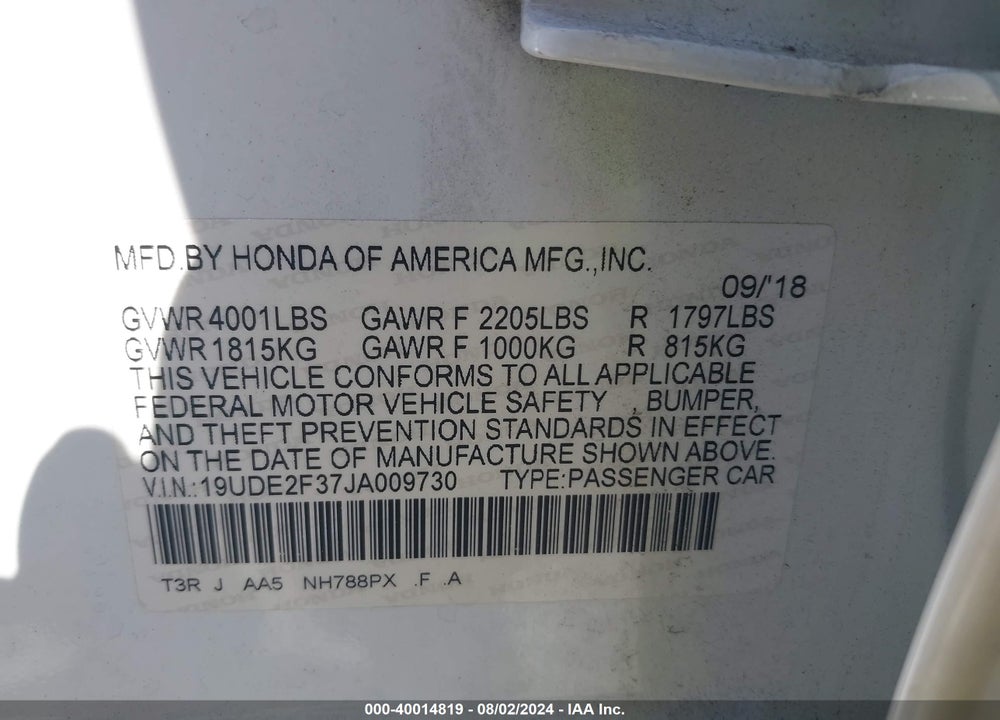2018 ACURA ILX WATCH PLUS PACKAGE VIN: 19UDE2F37JA009730