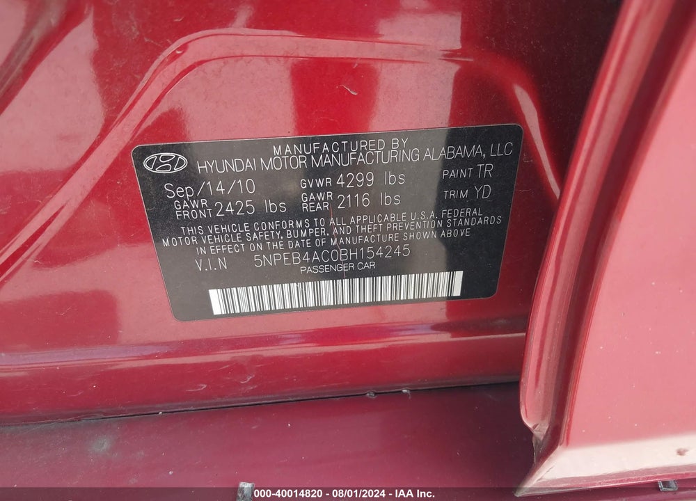 2011 HYUNDAI SONATA GLS VIN: 5NPEB4AC0BH154245