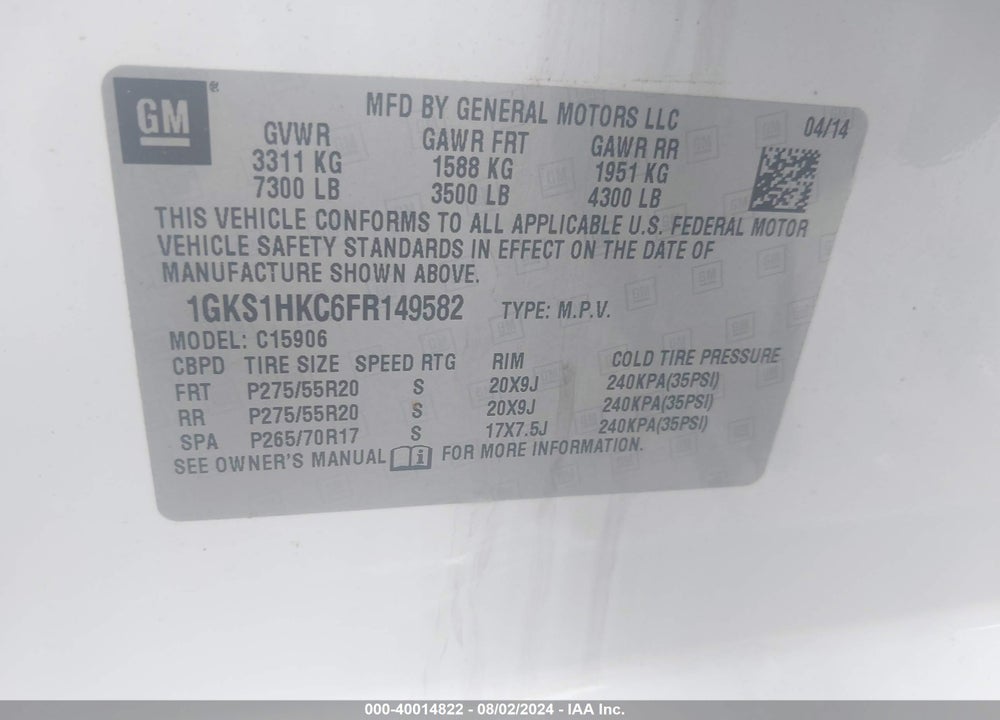 2015 GMC YUKON XL 1500 SLT VIN: 1GKS1HKC6FR149582