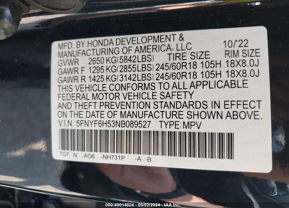 2022 HONDA PILOT AWD EX-L VIN: 5FNYF6H53NB089527