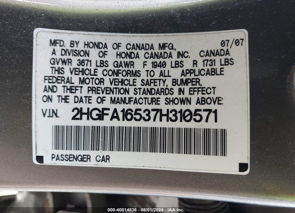 2007 HONDA CIVIC LX VIN: 2HGFA16537H310571