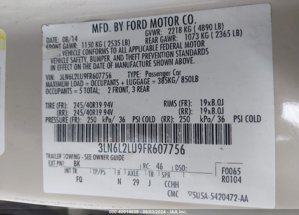 2015 LINCOLN MKZ HYBRID VIN: 3LN6L2LU9FR607756