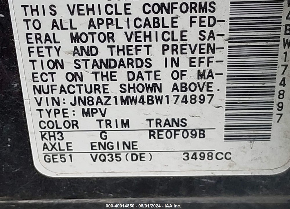 2011 NISSAN MURANO SV VIN: JN8AZ1MW4BW174897