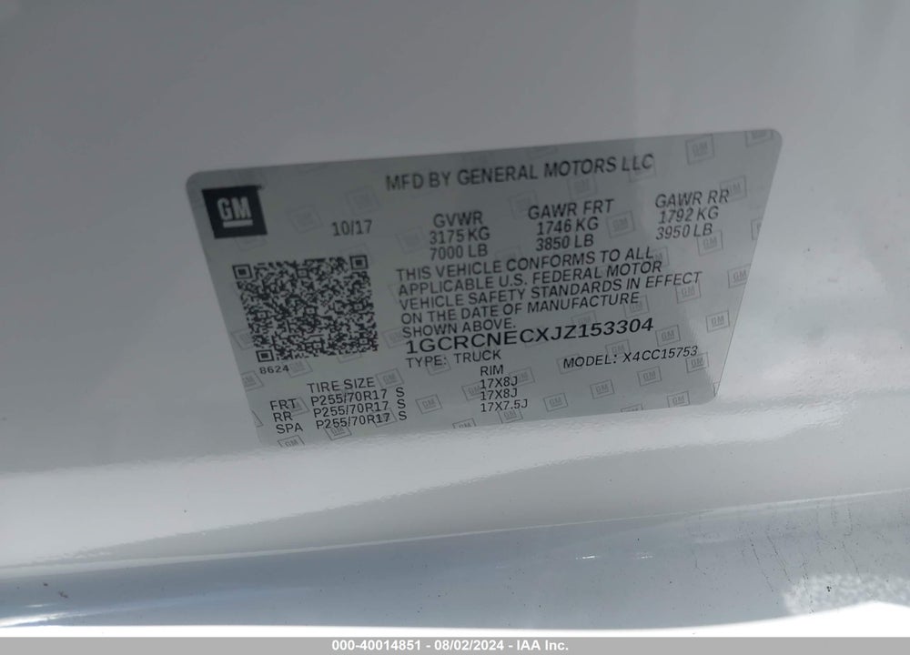 2018 CHEVROLET SILVERADO 1500 WT VIN: 1GCRCNECXJZ153304