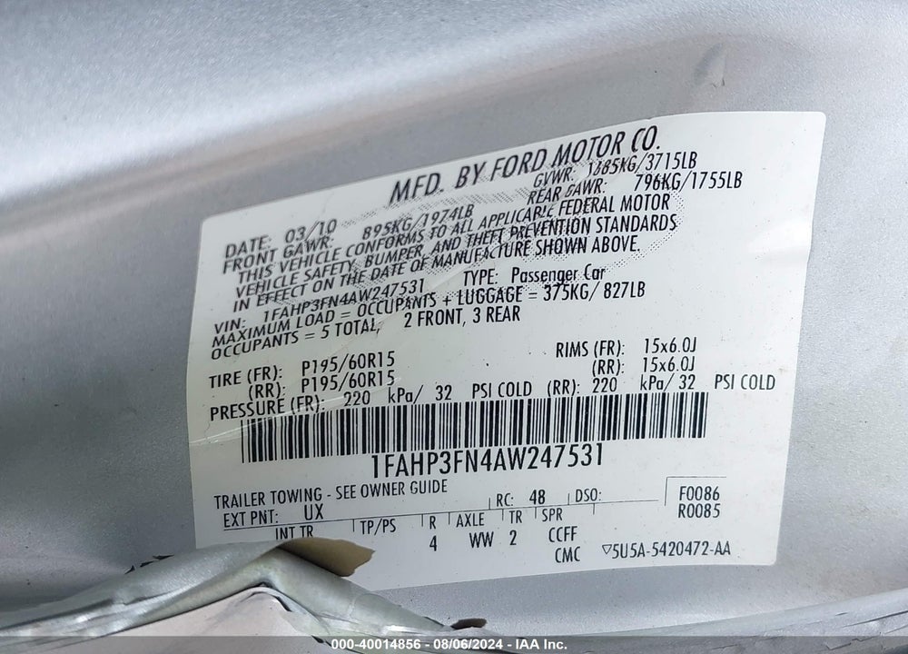 2010 FORD FOCUS SE VIN: 1FAHP3FN4AW247531