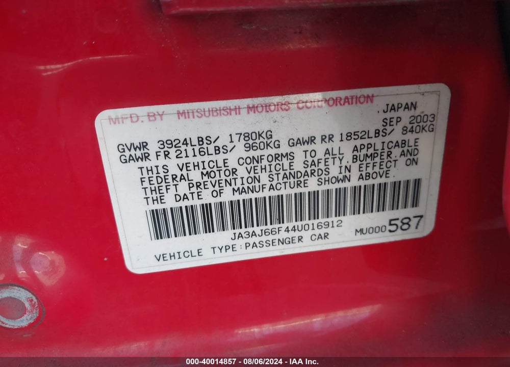 2004 MITSUBISHI LANCER RALLIART VIN: JA3AJ66F44U016912