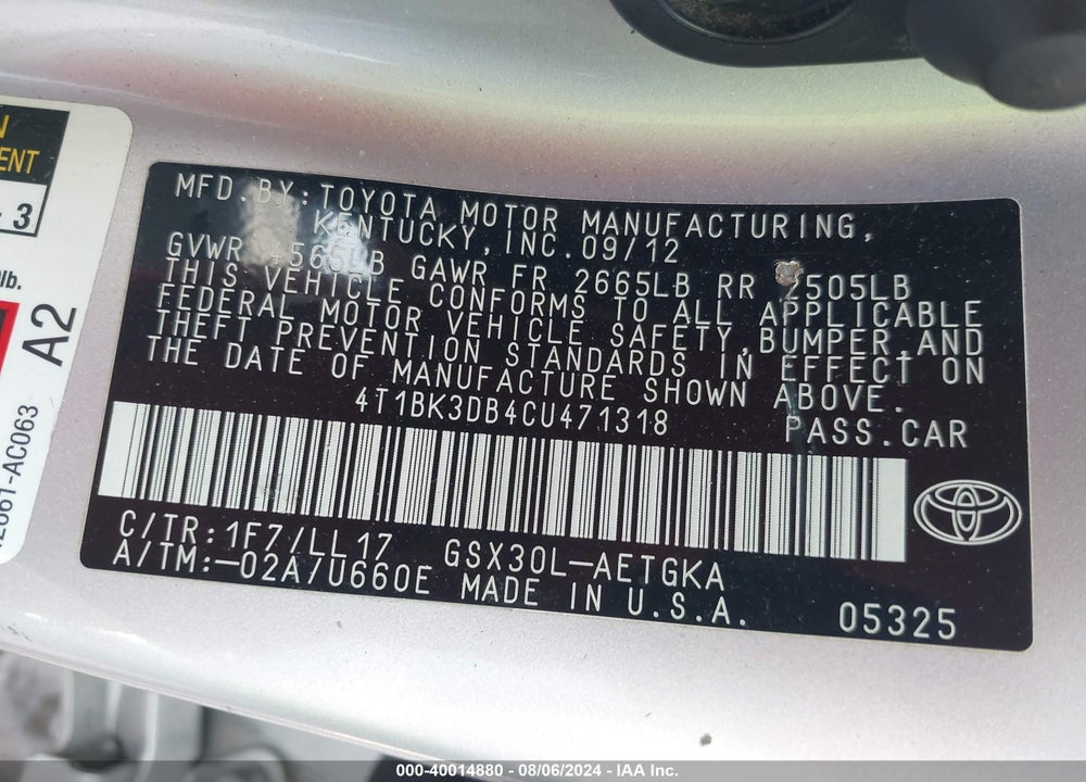 2012 TOYOTA AVALON VIN: 4T1BK3DB4CU471318