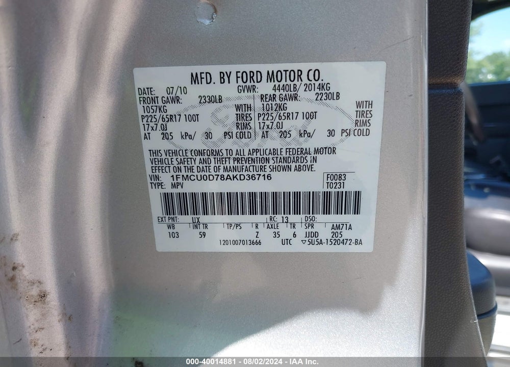 2010 FORD ESCAPE XLT VIN: 1FMCU0D78AKD36716