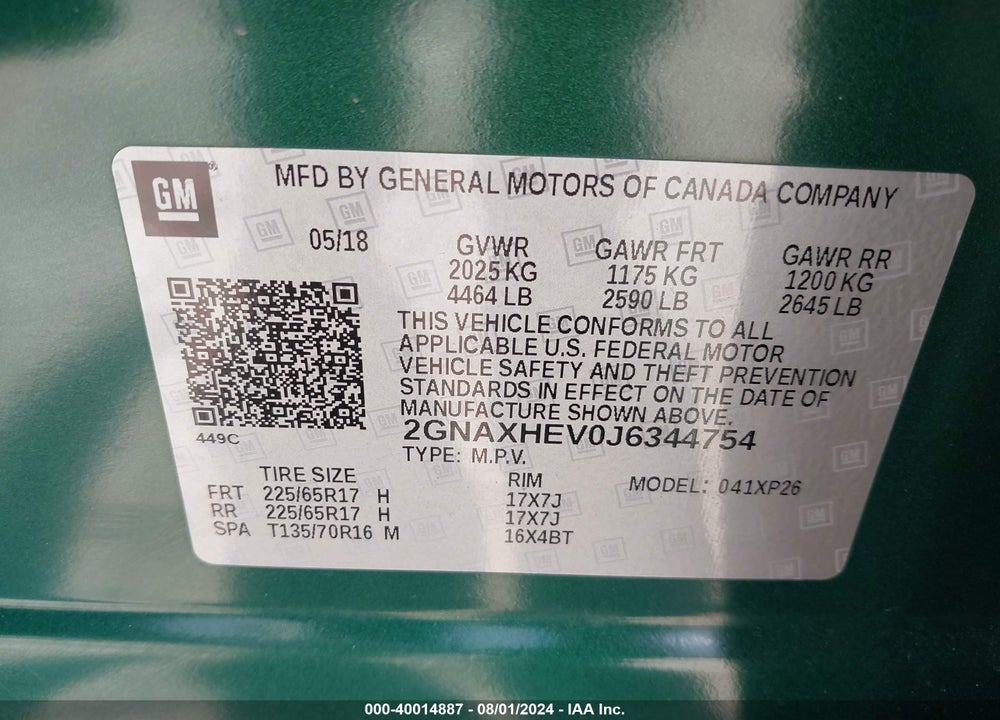 2018 CHEVROLET EQUINOX LS VIN: 2GNAXHEV0J6344754